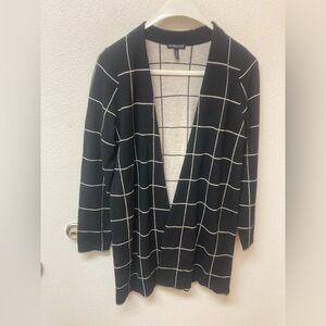 EILEEN FISHER Black Windowpane Open Cardigan 💯 Percent Italian Wool (PM)